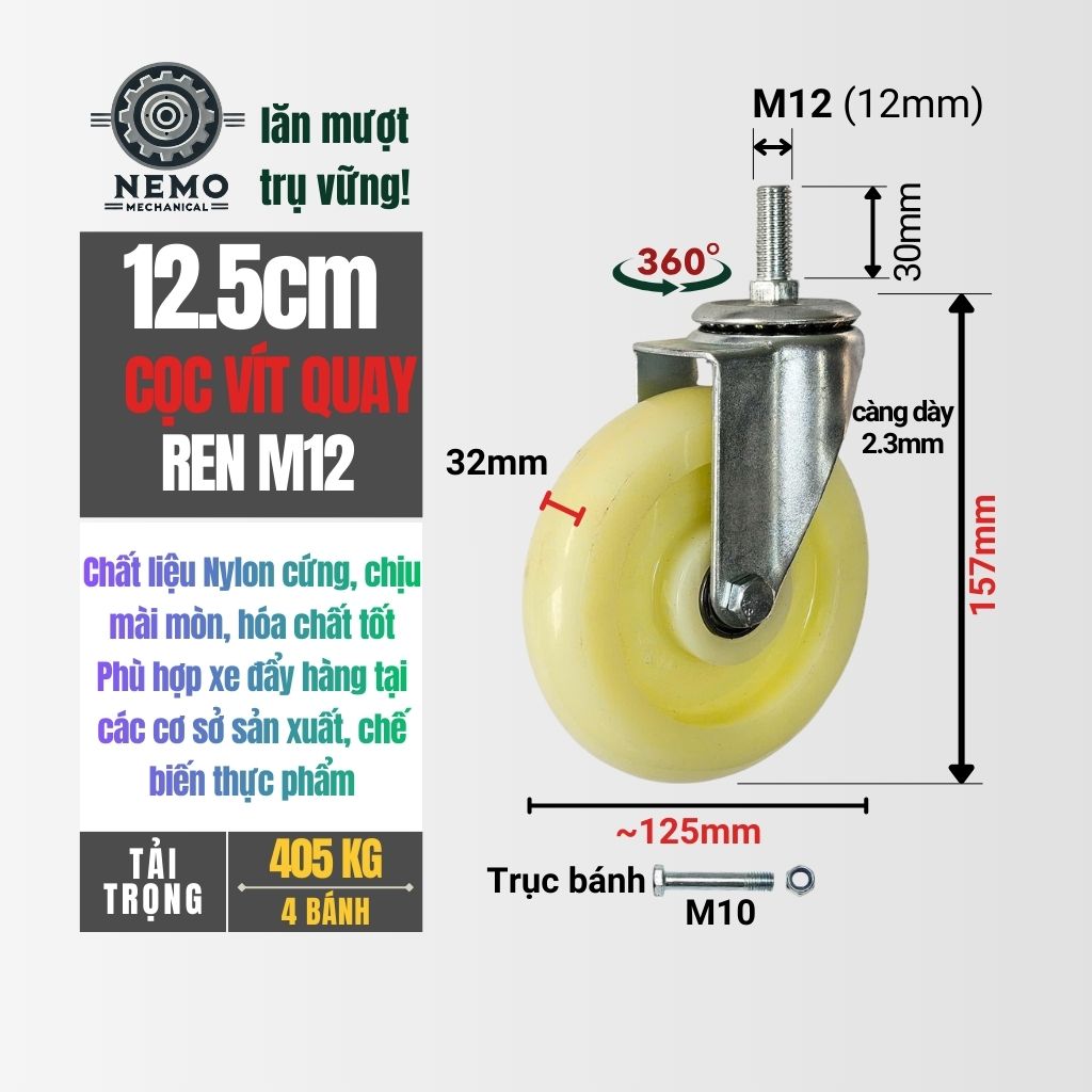 Bánh Xe Nylon Trắng Cọc Vít M12 – Chống Nước, Kháng Hóa Chất (D75, D100, D125)